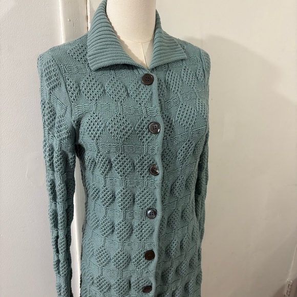 Bloomingdale’s 100% Wool Teal Sweater Long Cardigan Buttons Sz PS Chunky Knit - Picture 2 of 13